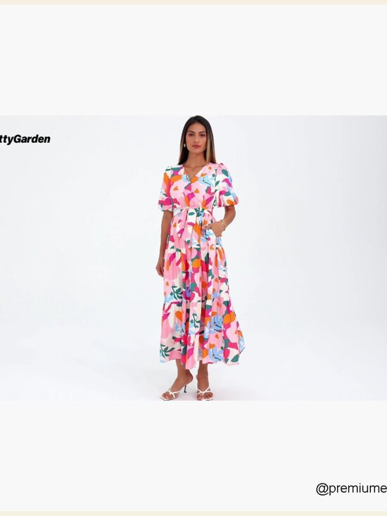 Summer Maxi Dress Boho Floral V Neck Puff Sleeve Ruffle Beach Resort - Picture 7 of 7